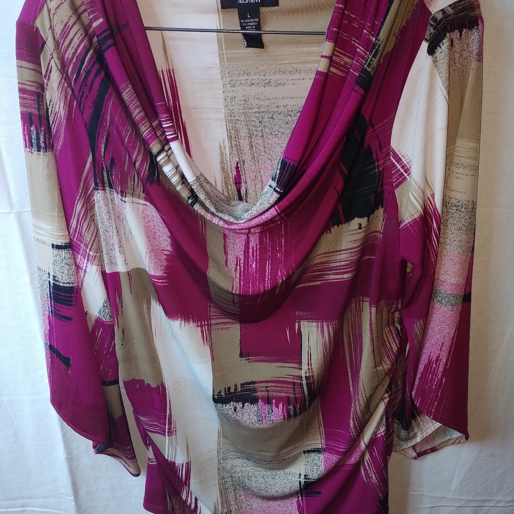 Alfani Magenta & Beige Printed Cowl Neck Asymmetrical Hem Top Women's Size L